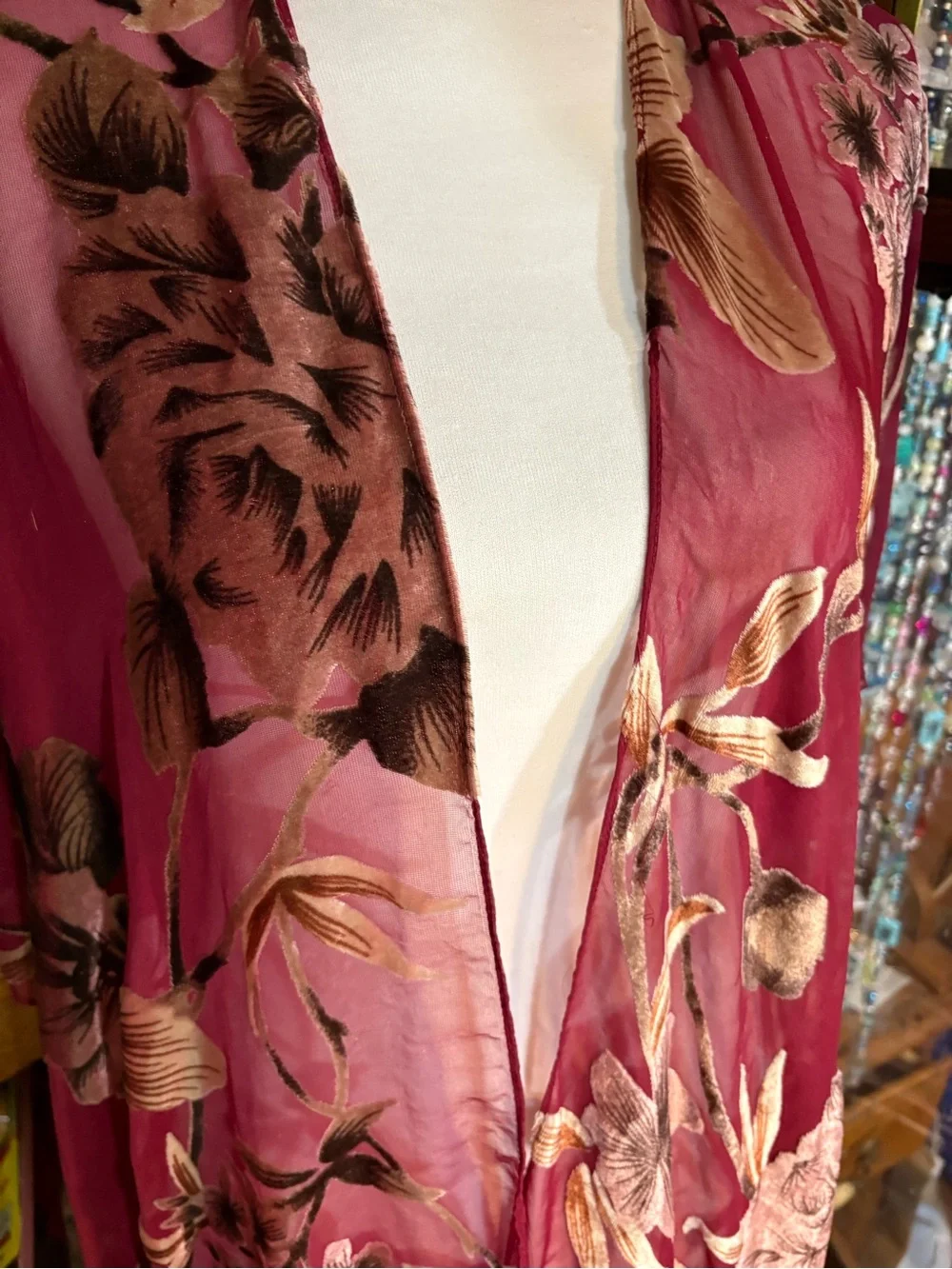 Roffe Burgundy Floral Chiffon Velvet Burnout Fringe Kimono os